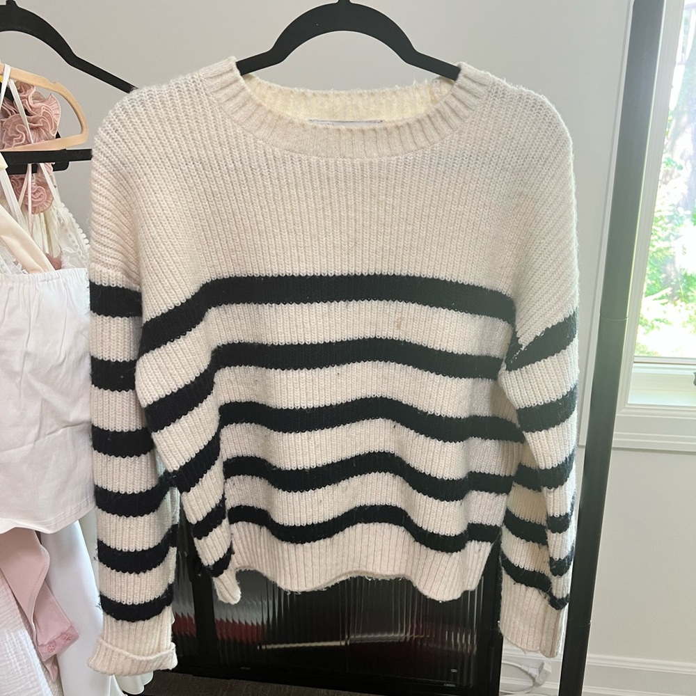 Zara Black and White Striped Crew Neck Sweater